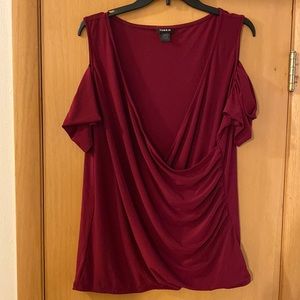 Torrid Cut-Out Cold Shoulder Faux Wrap Top Blouse Wine Burgundy Plus Size 2-3